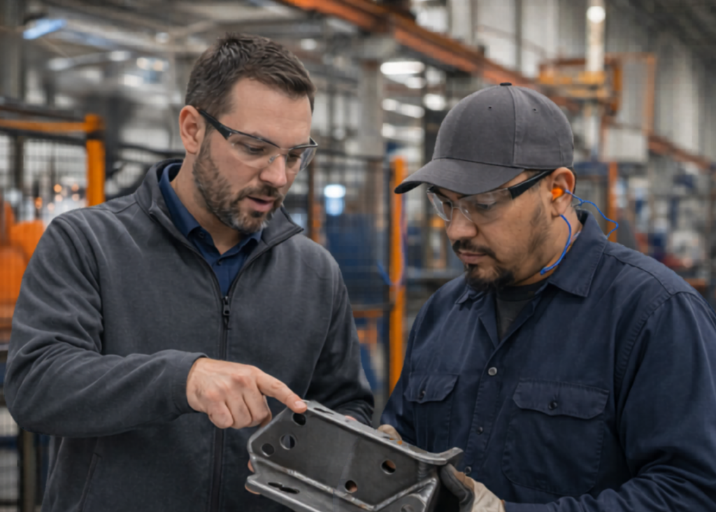 Engineer and operator inspecting welded part in a manufacturing facility.